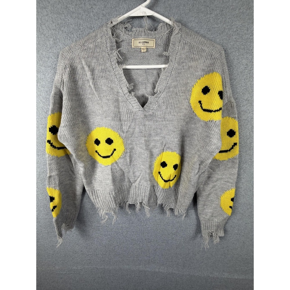 No Comment Sweater Womens Small Gray Smiley Face Distressed V Neck Knit Pullover